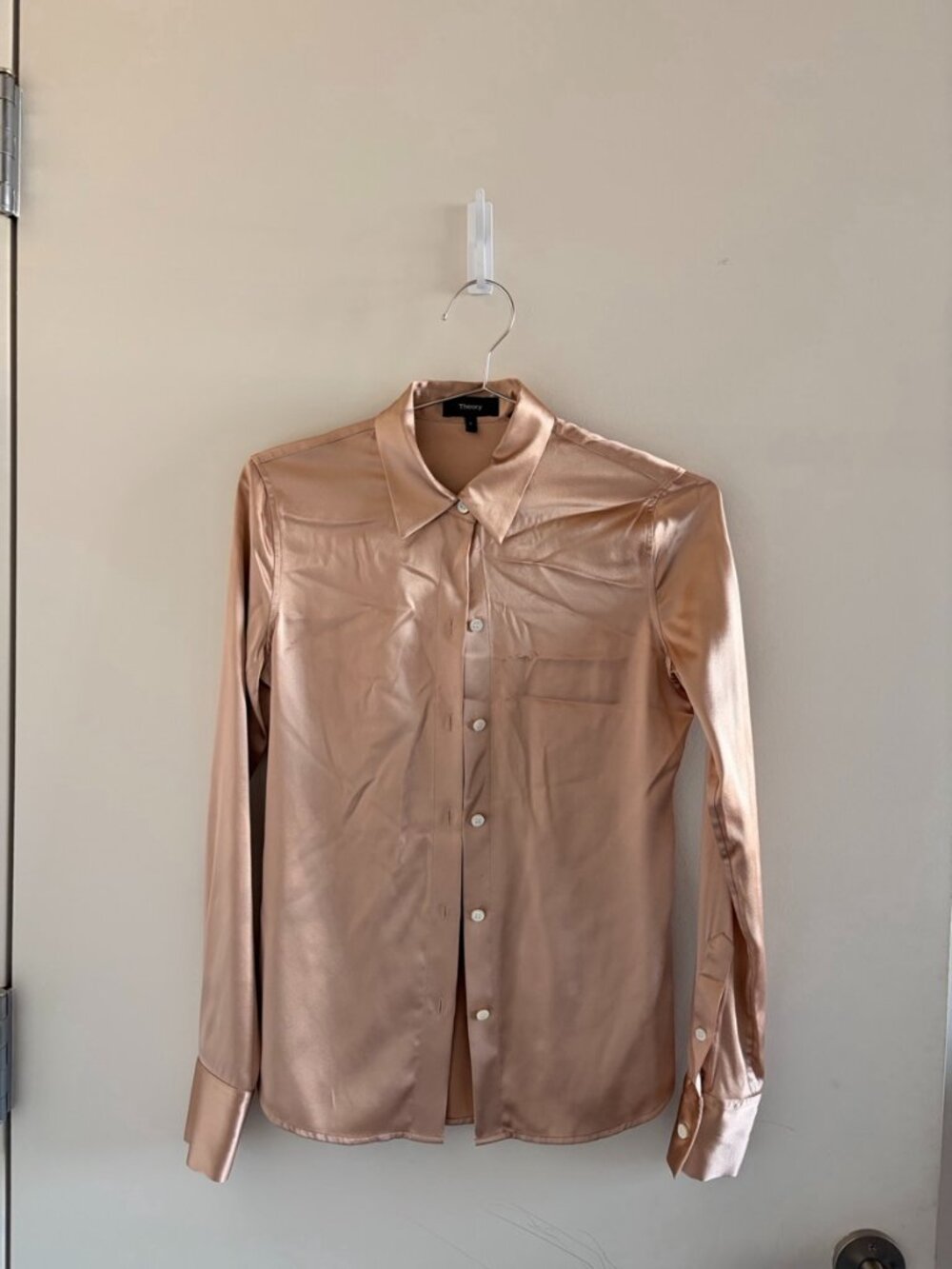 Theory Champagne Satin Button Down Shirt P